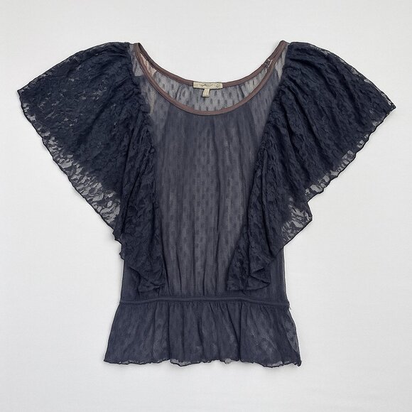 Gimmicks Sheer Lace Mesh‎ Top Size M Gray Flutter Sleeves Feminine Whimsigoth - Picture 1 of 9